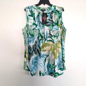 COCOMO Blouse Women's 1X Multicolor Leaf Pintuck 1/4 Sleeveless Casual Work